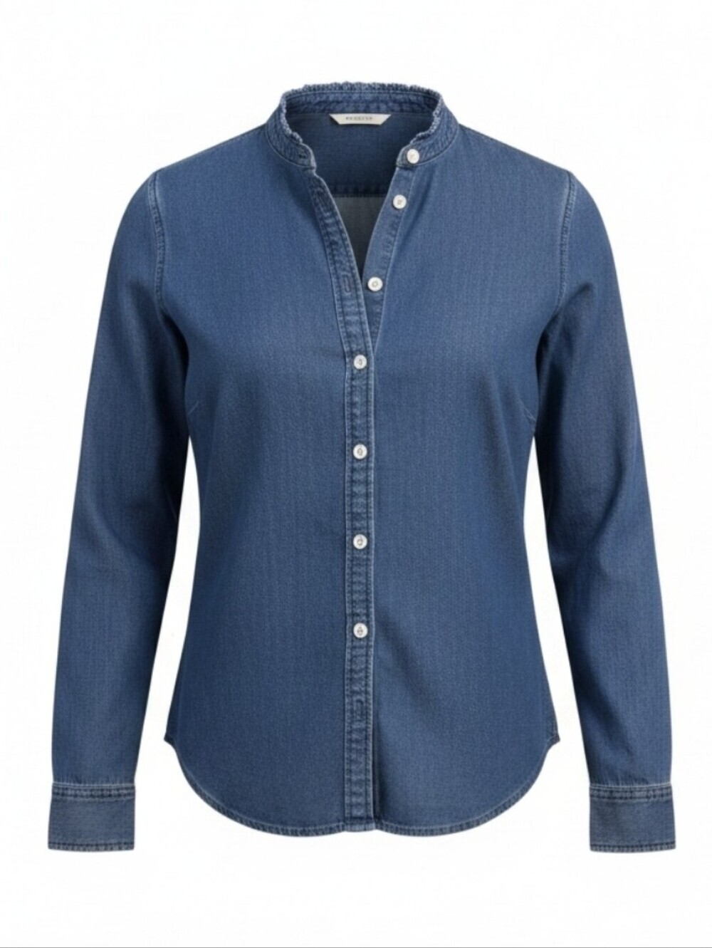 J. CREW | 100% COTTON DENIM RUFFLE NECK BUTTON DOWN BOYFRIEND SHIRT